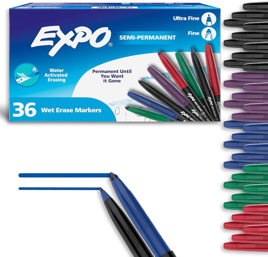 EXPO Wet Erase Markers, Semi-Permanent, Fine and Ultra-Fine Tips, 36 Count - For Writing on Glass, Whiteboards, Mirrors, Calendar, Labeling, Organizing