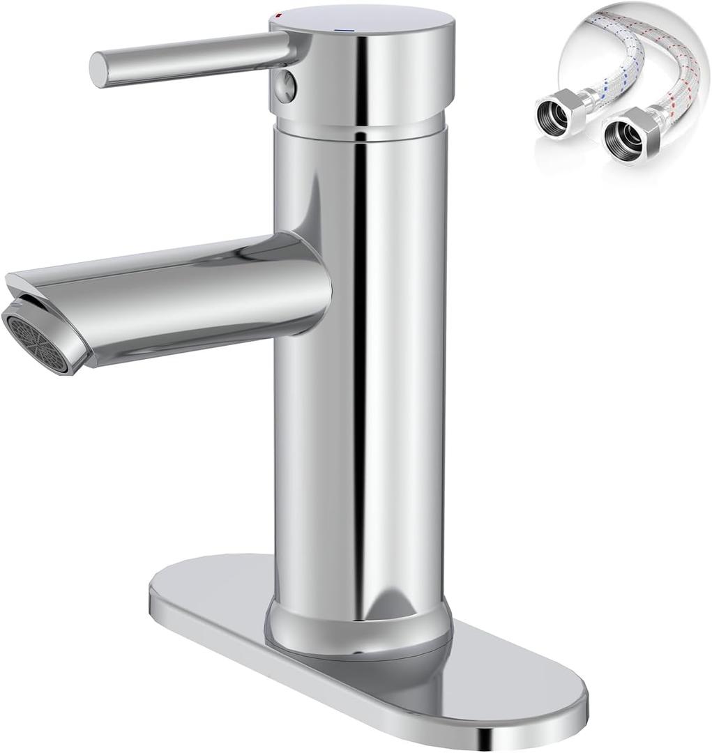 Chrome Bathroom Faucet 1 Hole, Greenspring Single Lever Bathroom Sink Faucets Modern Deck Mount One Hole Lavatory Vanity Faucet with Deck Plate and Supply Line, Brass (Short)