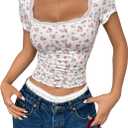 Women Y2k Ditsy Floral Lace Trim Crop Tops Yellow Cute Scoop Neck Tight Fitted Short Sleeve T Shirts Going Out (L)