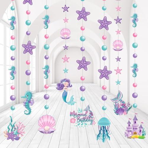 Cindeer 8 Pcs Mermaid Birthday Party Decorations Summer Under The Sea Garlands Ocean Castle Hanging Banner Pearl Jellyfish Starfish Ceiling Streamers for Kids Girls Baby Shower Wedding Party Supplies