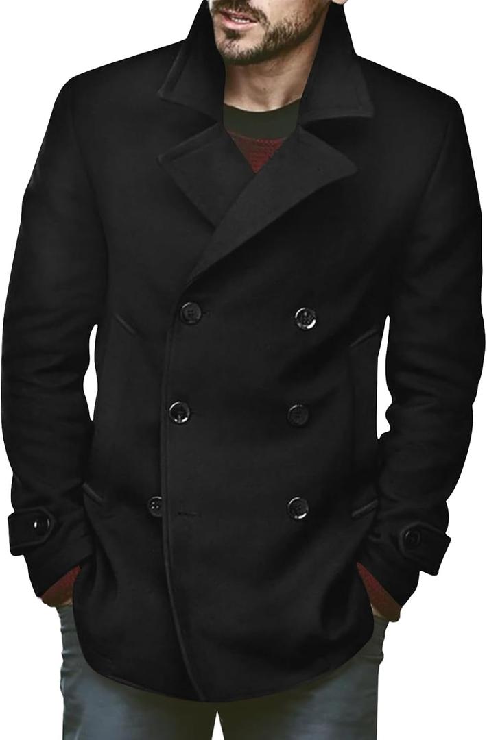 Bbalizko Mens Classic Pea Coat Notched Collar Double Breasted Slim Fit Winter Warm Heavyweight Trench Coats (Large, Black)