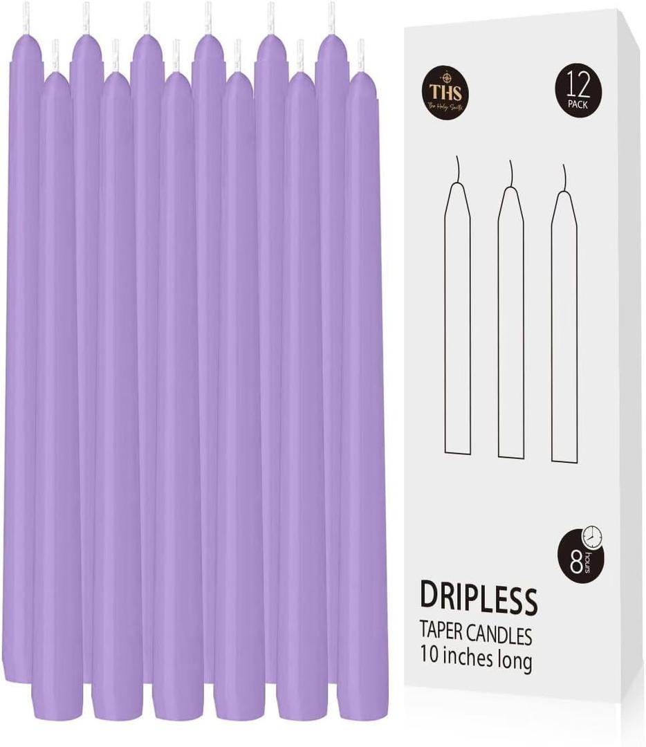 12-Pack Taper Candles (10-Inch) Dripless & Smokeless Long Burning (8 Hours) Unscented Hand Poured Wax Candlesticks for Weddings, Dinner Parties, & Home Decor (Purple)