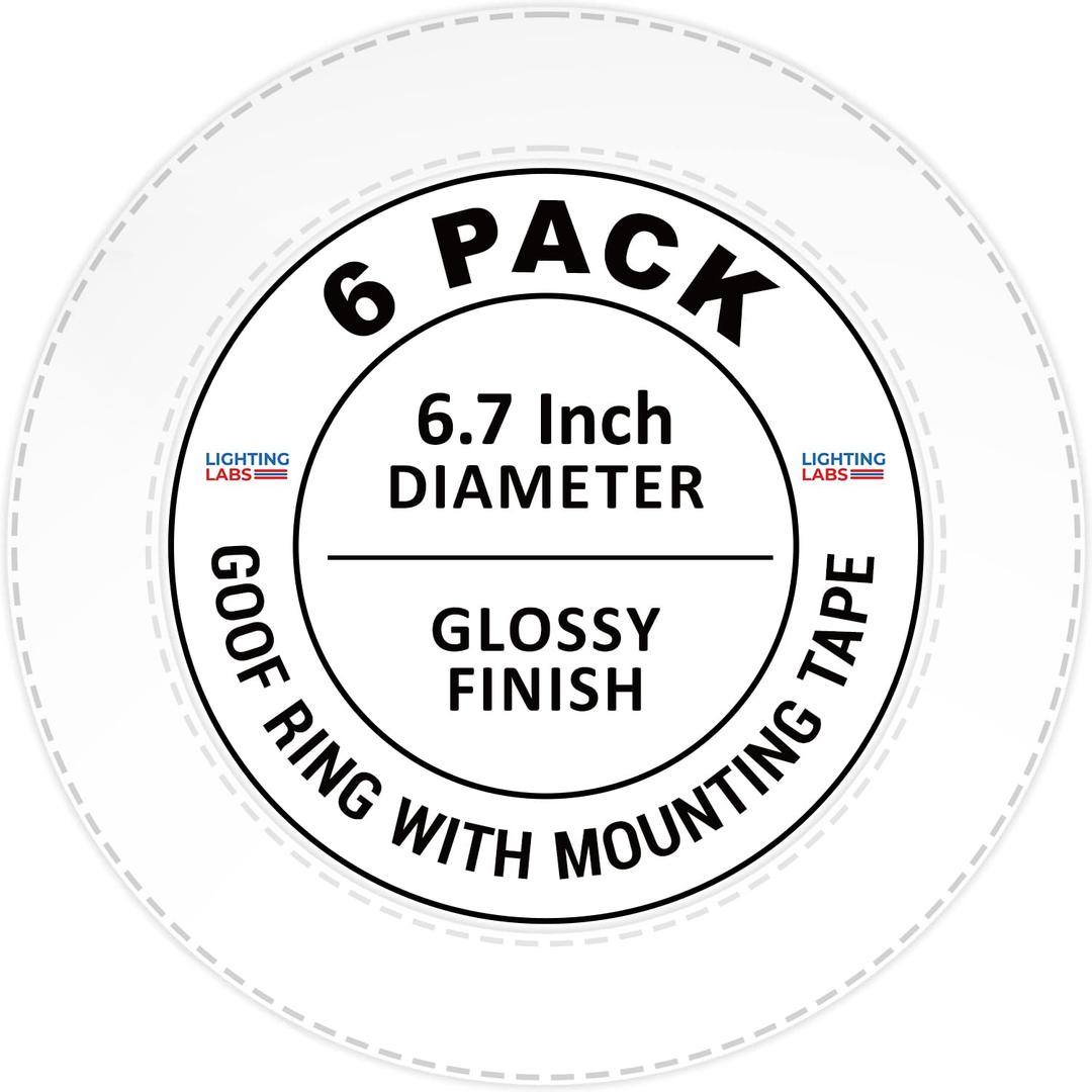 LightLabs Goof Ring Gloss 6 Pack 6.7" Diameter for 4" Cans. Inlcudes Mounting Tape to Fix Drywall Damage for Flush Mount Recessed Down Lights. 4.2" Inner Diameter Recessed Light Cover Glossy White