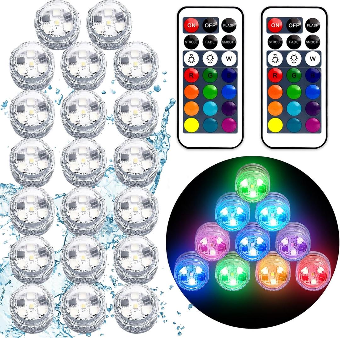 Submersible Led Lights with Remotes, Waterproof Tea Lights Candles Battery Operated RGB Color Changing Small Led Light for Vase Lantern Table Centerpieces Halloween Christmas Decor (20pack)