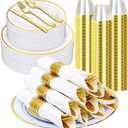 Zcaukya 350 PCS Gold Plastic Dinnerware for 50 Guests, Elegant Disposable Utensils Set with 100 Plates, 50 Pre-Wrapped Napkins, 50 Cups, 50 Spoons, 50 Forks and 50 Knives for Birthday Parties Weddings