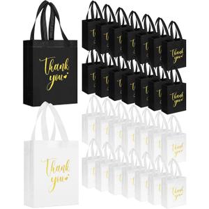 Sweetude 30 Pcs Thank You Gift Bags with Handles, Reusable Non Woven Foldable Goodie Bags Bulk for Graduation Teacher Appreciation Wedding Bridesmaid Favors(10 x 8 x 4 Inch,Black, White)