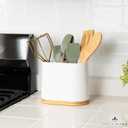 DAILY RITMO White Large Oval Utensil Holder with Bamboo Wooden Base