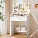 Small Makeup Vanity Desk with Lighted Mirror, White, 23.62" W x 15.74" D x 53.93" H (Smart LED Mirror, Open Shelves, 2 Drawers)