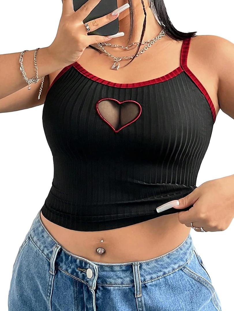 SOLY HUX Women's Plus Size Cami Crop Tops Contrast Mesh Spaghetti Strap Summer Top Black Heart 4XL
