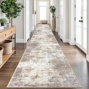 IOHOUZE Abstract Runner Rug 3x20 Ft Extra Long Washable Runners for Hallways, Non Slip Kitchen Runner Printed Faux Wool Entryway Runner Indoor, Modern Abstract Floor Carpet for Hall Stair, Beige Brown (Gold/Yellow/Brown/Beige/White)
