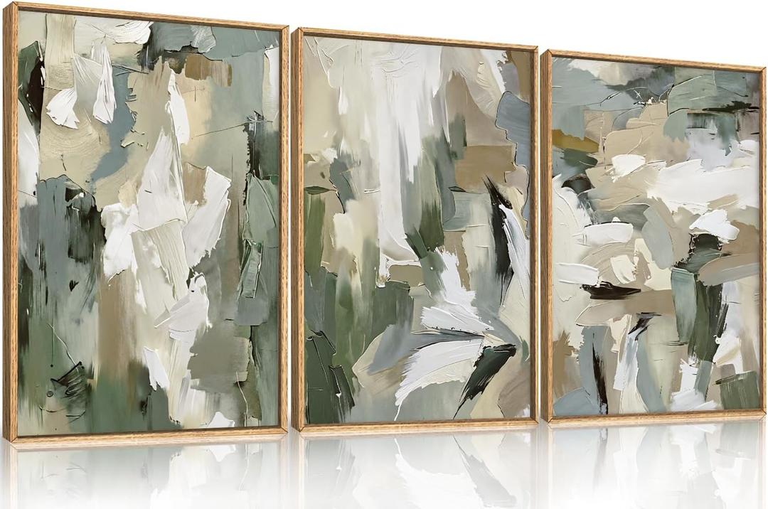 Large Abstract Green Beige Framed Canvas Wall Art Set,Neutral Brush Stroke Watercolor Wall Painting,Modern Minimalist Artwork for Living Room,Bedroom,Dining Room,Office -16"x24"x3