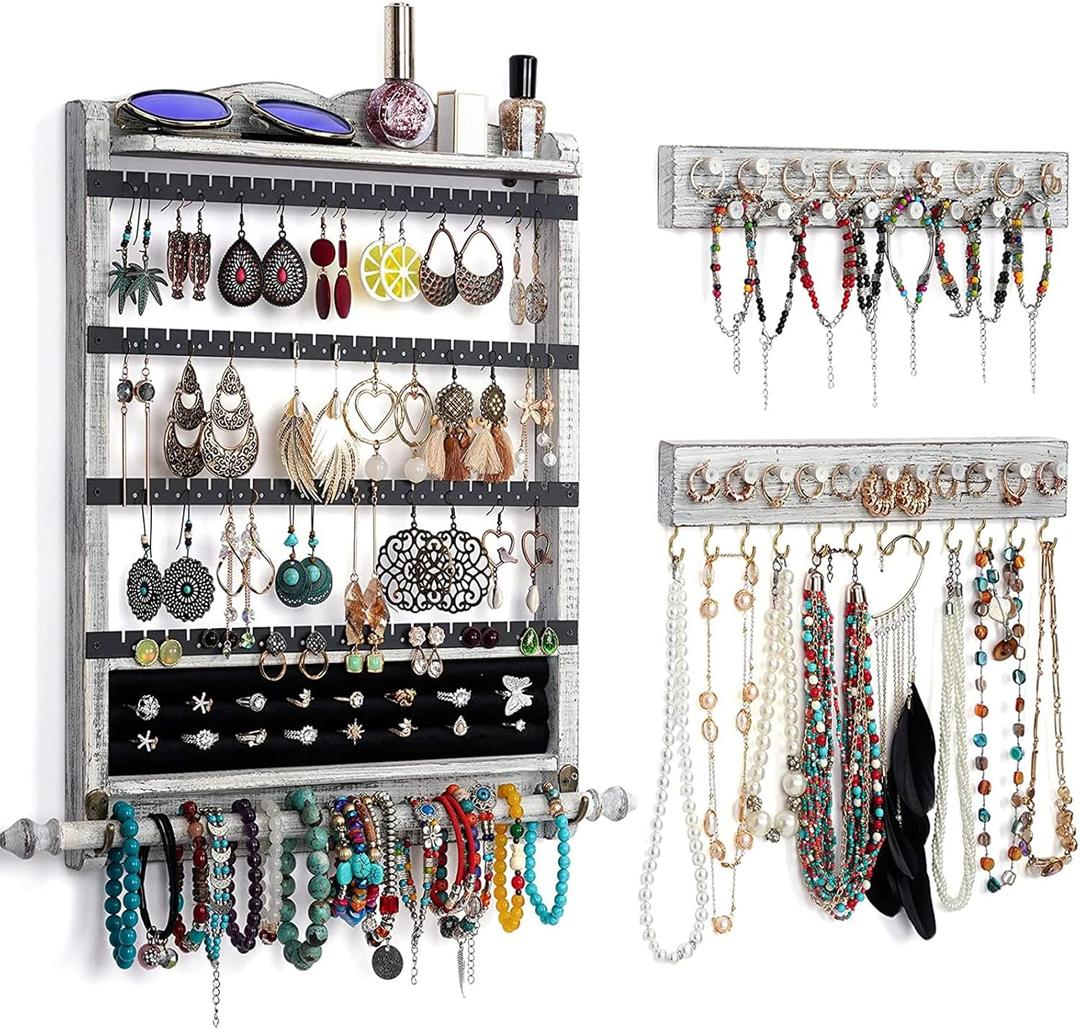 QILICHZ Wall Jewelry Organizer Set of 3 Jewelry Holder Jewelry Organizer Wall Mounted Wood Hanging Jewelry Wall Organizer Rustic Jewelry Hanger for Jewelry Storage Display (White)