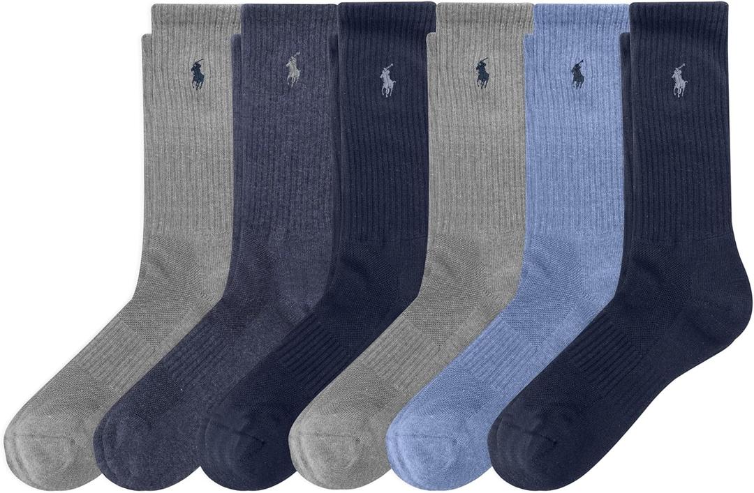 POLO RALPH LAUREN Men's Athletic Performance Cotton Crew Socks-6 Pair Pack-Moisture Wicking Mesh (6-12.5, Denim)