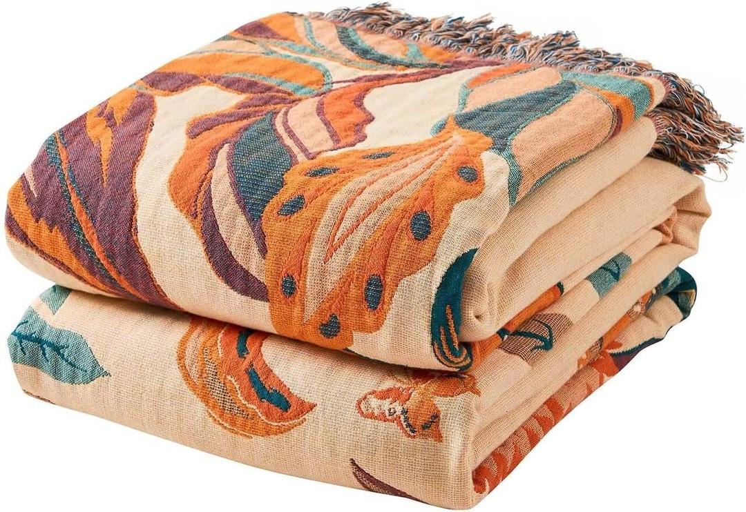 Boho Throw Blanket for Bed, 100% Cotton Soft Rustic Quilt Fall Blanket, 60"x80" Floral Printed Farmhouse Decor Bed Blankets, All Season Rustic Reversible Bohemian Throw Quilt (J-flowers Tulips)