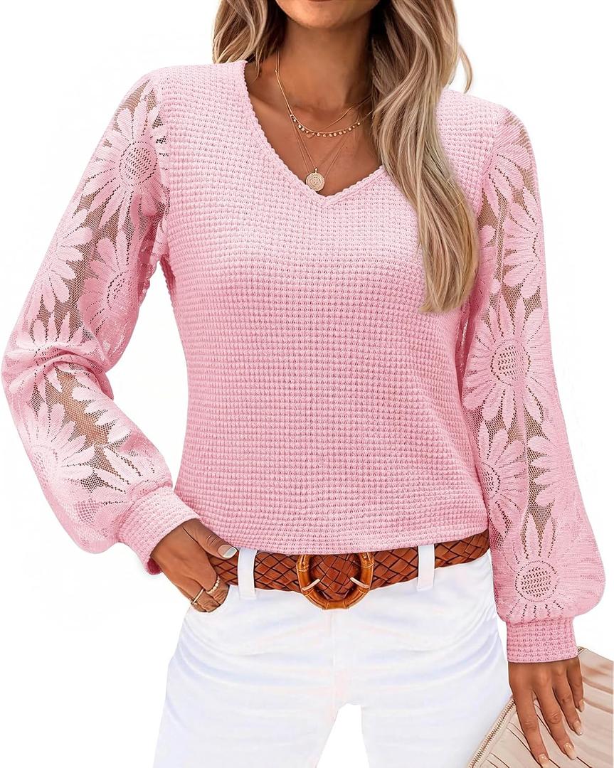 siliteelon Womens Blouses Long Sleeve Shirts V Neck Floral Lace Tops Elegant Business Casual Outfits Pink Large