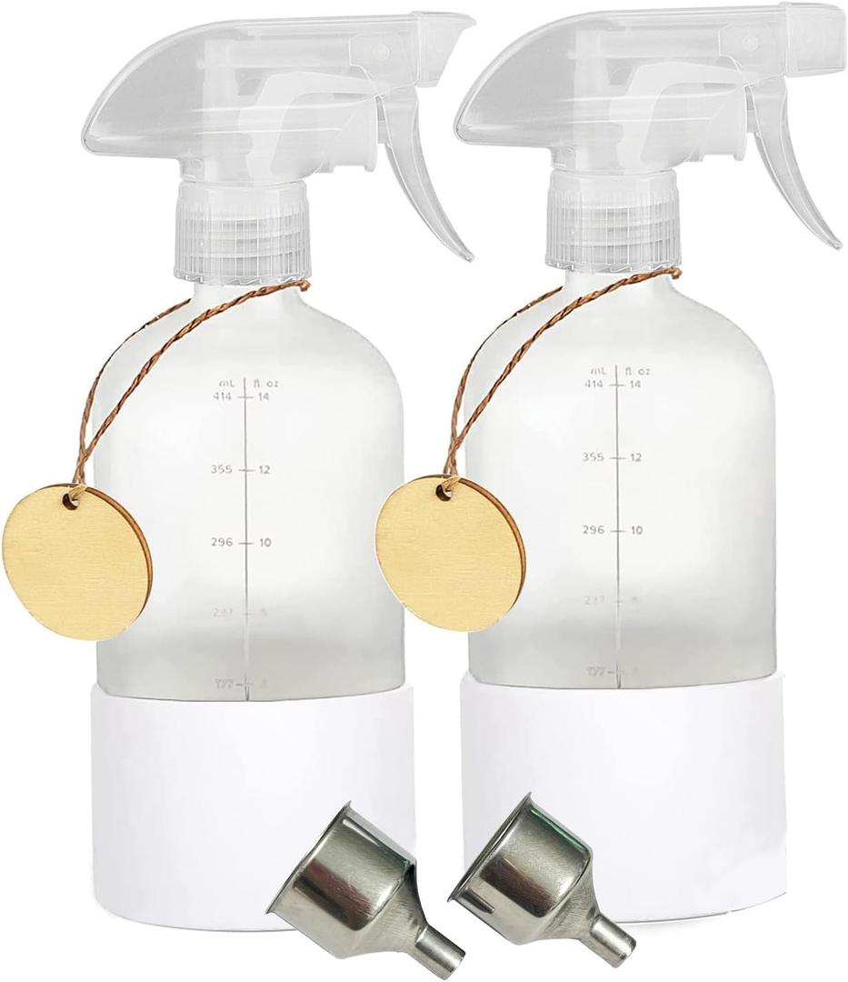 Frosted Glass Spray Bottles with Silicone Sleeve, 16oz Refillable Containers with Mist and Stream Settings for Bath, Beauty, Hair, Plants, Pets(2pack) (white)
