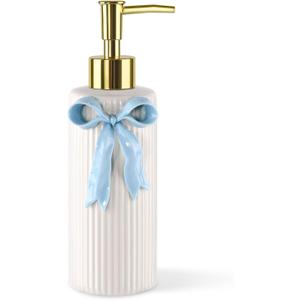 Handmade Ceramic Bow Soap Pump Dispenser Hand Lotion Liquid Dispenser Refillable for Kitchen and Bathroom Decorative (Ribbon Blue)