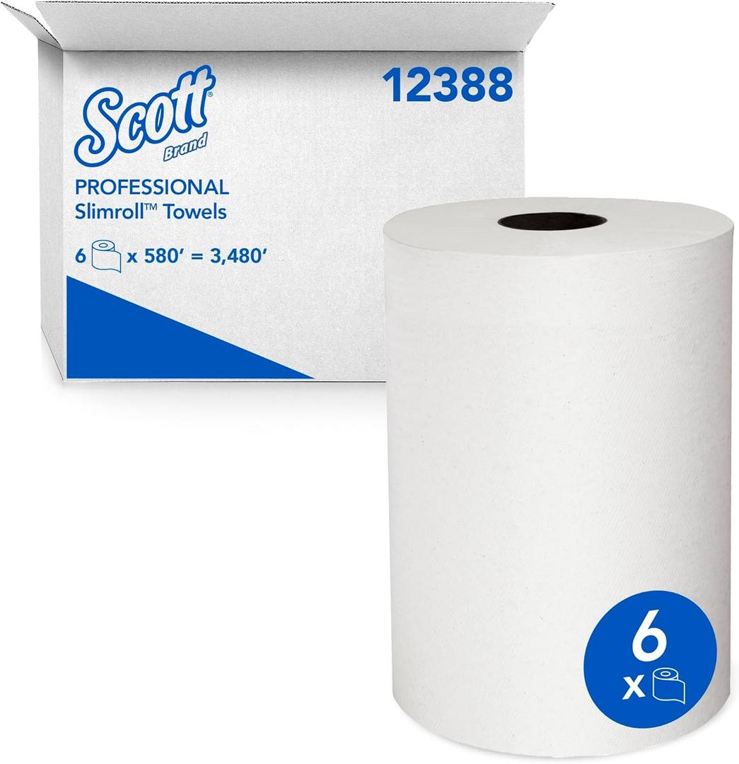 Scott Professional Slimroll Hard Roll Paper Towels, Bulk (12388), Hardwound, Absorbency Pockets, White, for compatible Kimberly-Clark Professional Dispensers (6 Rolls at 580' Each, 3,480'/Case)