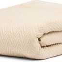 Queen Size Multipurpose Blanket, 100% Extra Long Staple Cotton, Soft & Breathable Herringbone Weave, Beige, Lightweight, Machine Washable, All-Season Throw Blanket for Bedroom & Travel