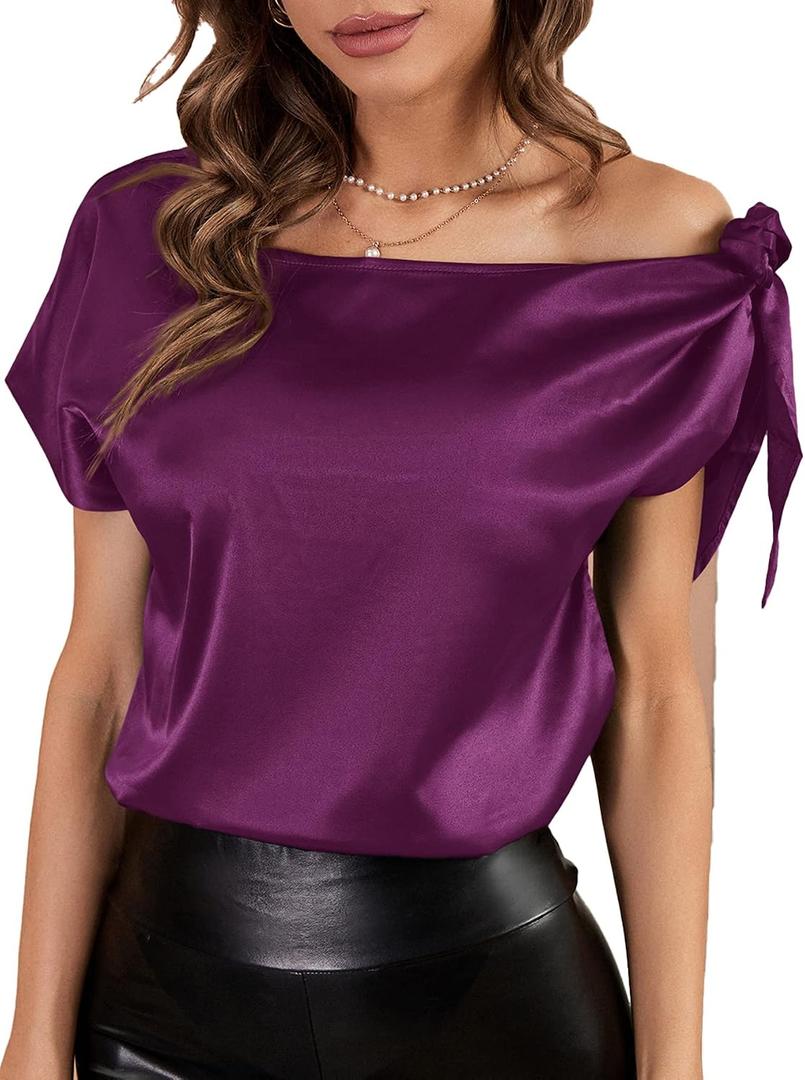 2 x Verdusa Women's Off Shoulder Satin Tops Short Sleeve Asymmetrical Neck Blouse Tops (Purple, S)