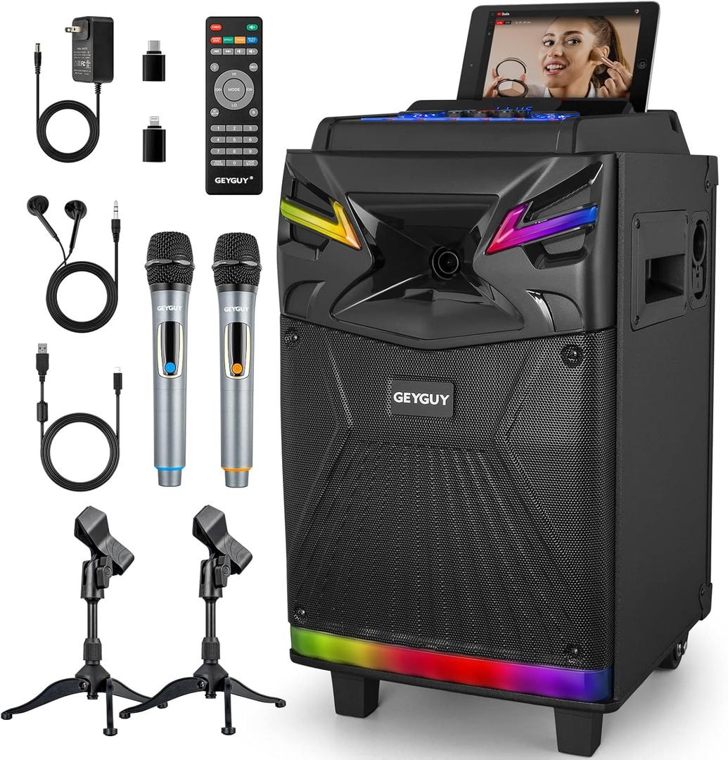 GTSK10-1 Karaoke Machine, Portable Bluetooth Speaker with 2 Wireless Karaoke Microphones for Adults, Live Streaming & Voice Monitoring, Tablet Lyrics Display Holder, DJ Lights/TV for Party & Church (10 inch)