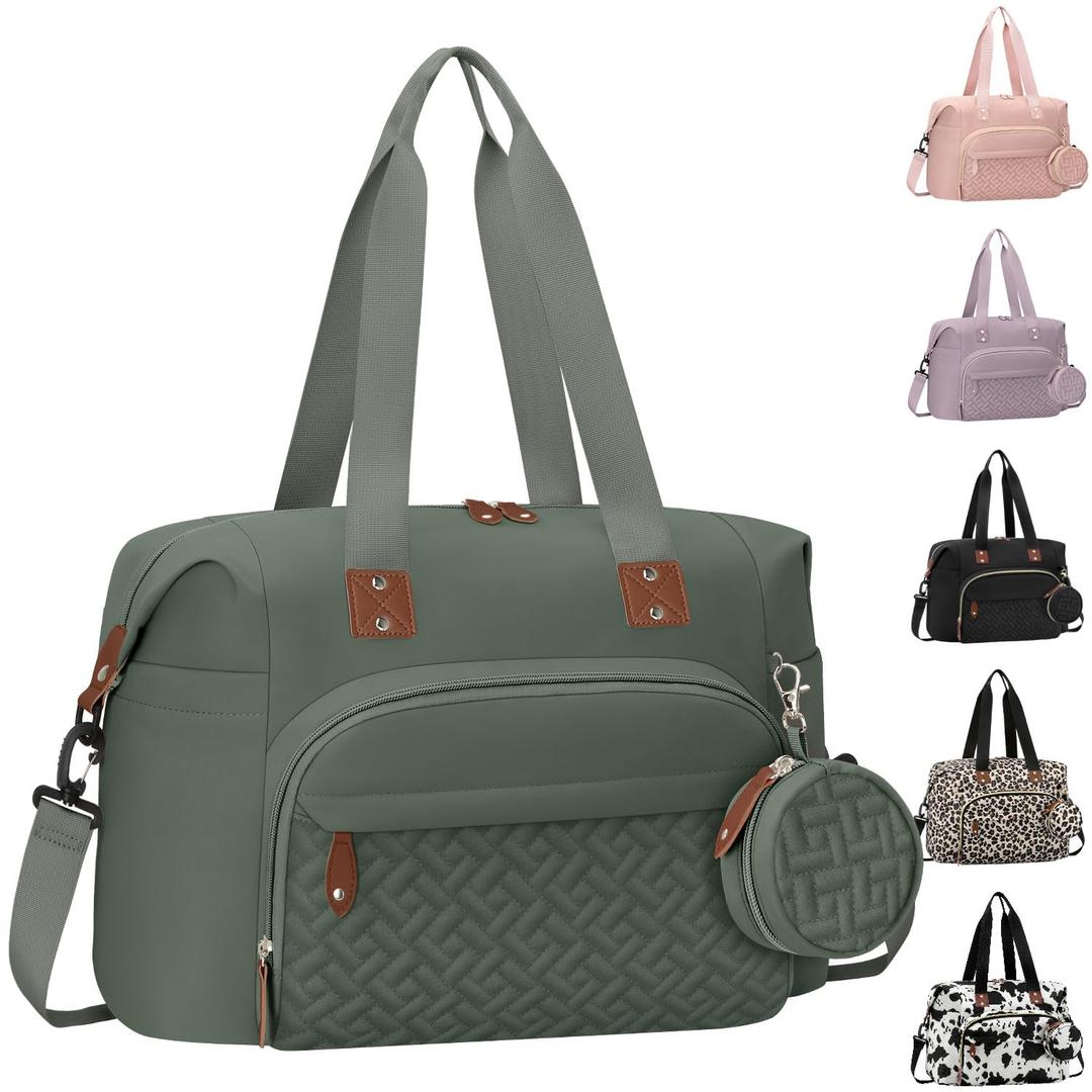 Tenot Diaper Bag Tote with Pacifier Case, Baby Bag for Women with Shoulder Straps, Travel Diaper Tote for for Mom and Dad Medium Size, Green