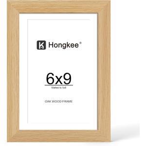 Hongkee 6x9 Oak Wood Picture Frame, Display Photos 5 x 8 with Mat or 6 x 9 without Mat - Tempered Glass Cover, Horizontal and Vertical Display for Wall or Tabletop (Natural Oak, Set of 1)