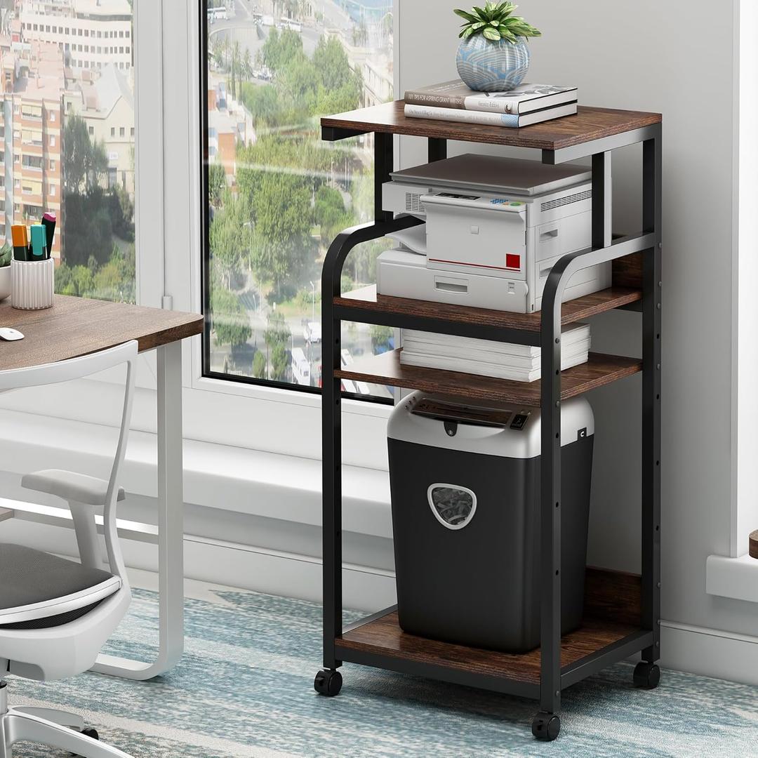 4-Tier Printer Stand with Adjustable Storage Shelf, Large Tall Printer Table with Wheels for Home Office Small Spaces Organization, Rustic Brown
