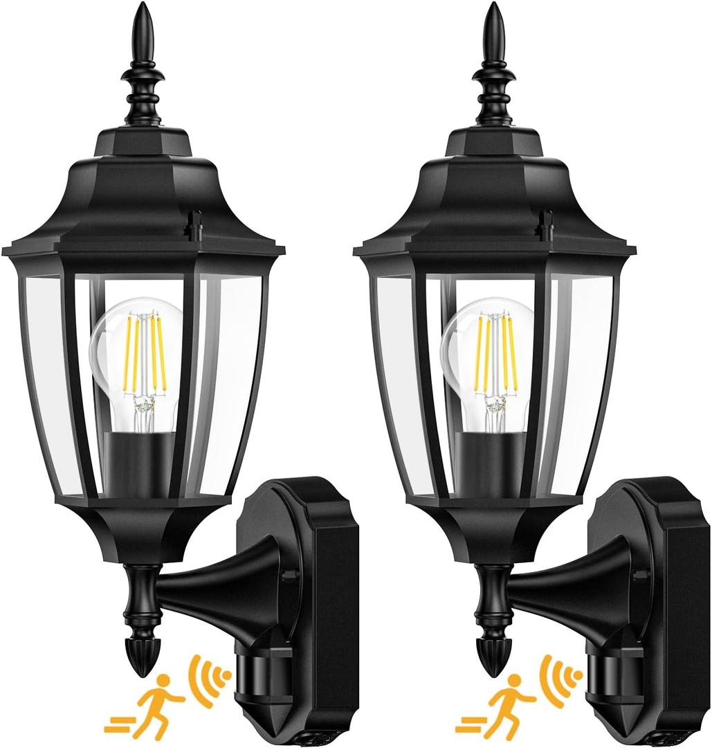 Lamomo Outdoor Wall Sconce, 2 Pack Dusk to Dawn Motion Sensor Light Fixtures, Exterior Aluminum Waterproof Porch Lights for Patio Front Door Garage (Black)