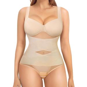 Nebility Shapewear Bodysuit for Women Tummy Control Waist Trainer Backless Body Shaper V-Neck with Built in Bra (Small, Beige)