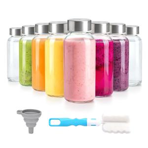  8 oz Glass Water Bottles with Lids, Reusable Clear Juice Bottles With Stainless Steel Airtight Cap for Juicing, Ginger Shot, Milk, 250ml Leak Proof Small Smoothie Container, BPA Free, Set of 8