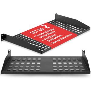 Pyle 2-Pc 1U Server Rack Shelf, Vented Shelves for Good Air Circulation, Cantilever Mount, Wall Mount Rack, Universal Device, Cabinet Shelf, Computer Case Mounting Tray, Black-Pyle PLRSTN14UX2
