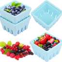 4 Pack Ceramic Berry Basket, 4.1 Inches Square Ceramic Fruit Bowls with Draining Holes, Blue Rustic Stoneware Berry Bowls for Strawberries, Grapes, Cherries & More