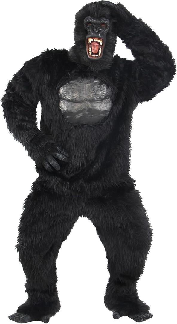 Deluxe Gorilla Costume for Men, Realistic Gorilla Halloween Adult Onesie Suit with Mask Feet, Plus Size 3XL  Cosplay Jumpsuit