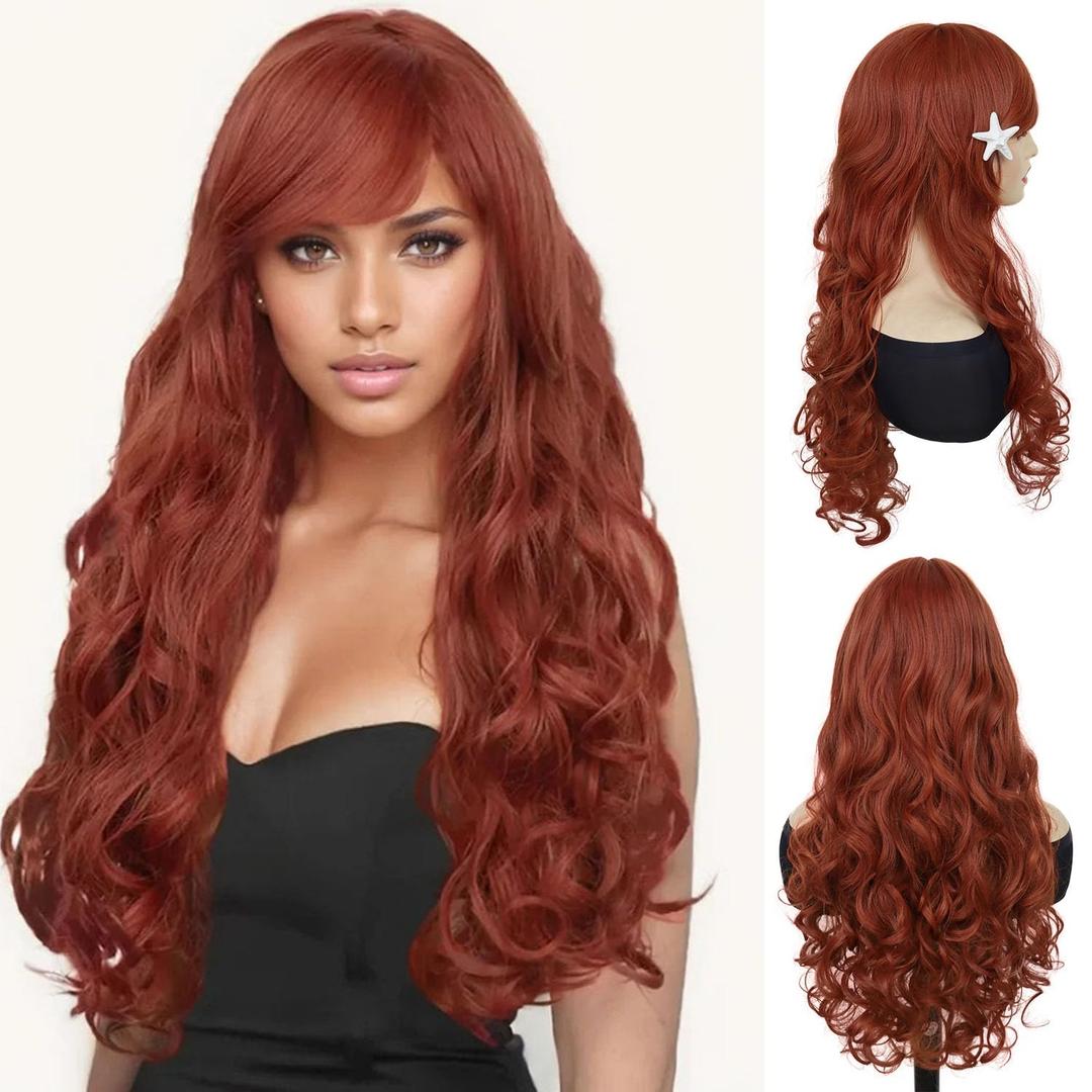 GNIMEGIL 24 inch Long Curly Auburn Wig for Stylish Appeal Stunning Body Wave Wig with Bangs Natural Synthetic Hairstyles for Women