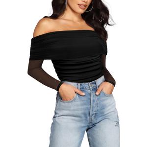 SAUNGKUAI Women's Off The Shoulder Long Sleeve Bodysuit Sexy Slimming Body Suit Tops Sheer Mesh Ruched Outfits (X-Large, Black)