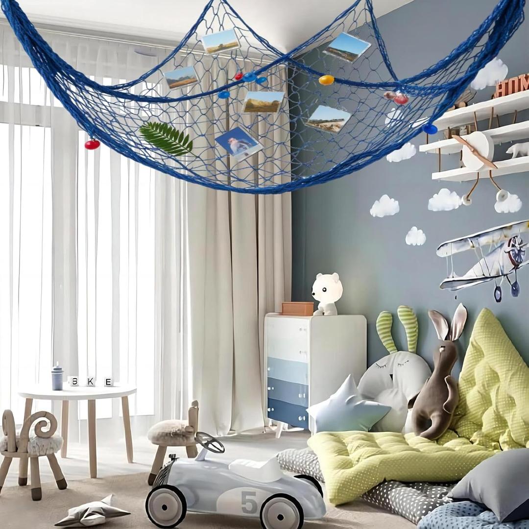Large Fish Net Decorations for Party, Natural Cotton Hawaiian Party Fishing Net Wall Clip Photo Holders, Fishnet Under Sea Pirate Ocean Nautical Themed Beach Decor DIY, 79"x158" inch, Blue