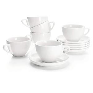 Sweese 4 Ounce Cappuccino Cups with Saucers, Porcelain Double Espresso Cups Set of 4, White