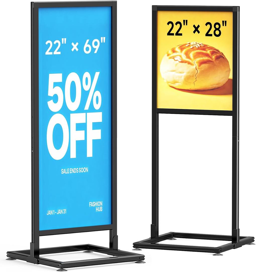 KOOV Sign Holder Floor Stand, 2-In-1 Dual Size 22" × 69" & 22" × 28" Aluminum Alloy Poster Stand for Display, Sign Stand for Business, Office, Trade Show, Mall Advertising (Frame Only)