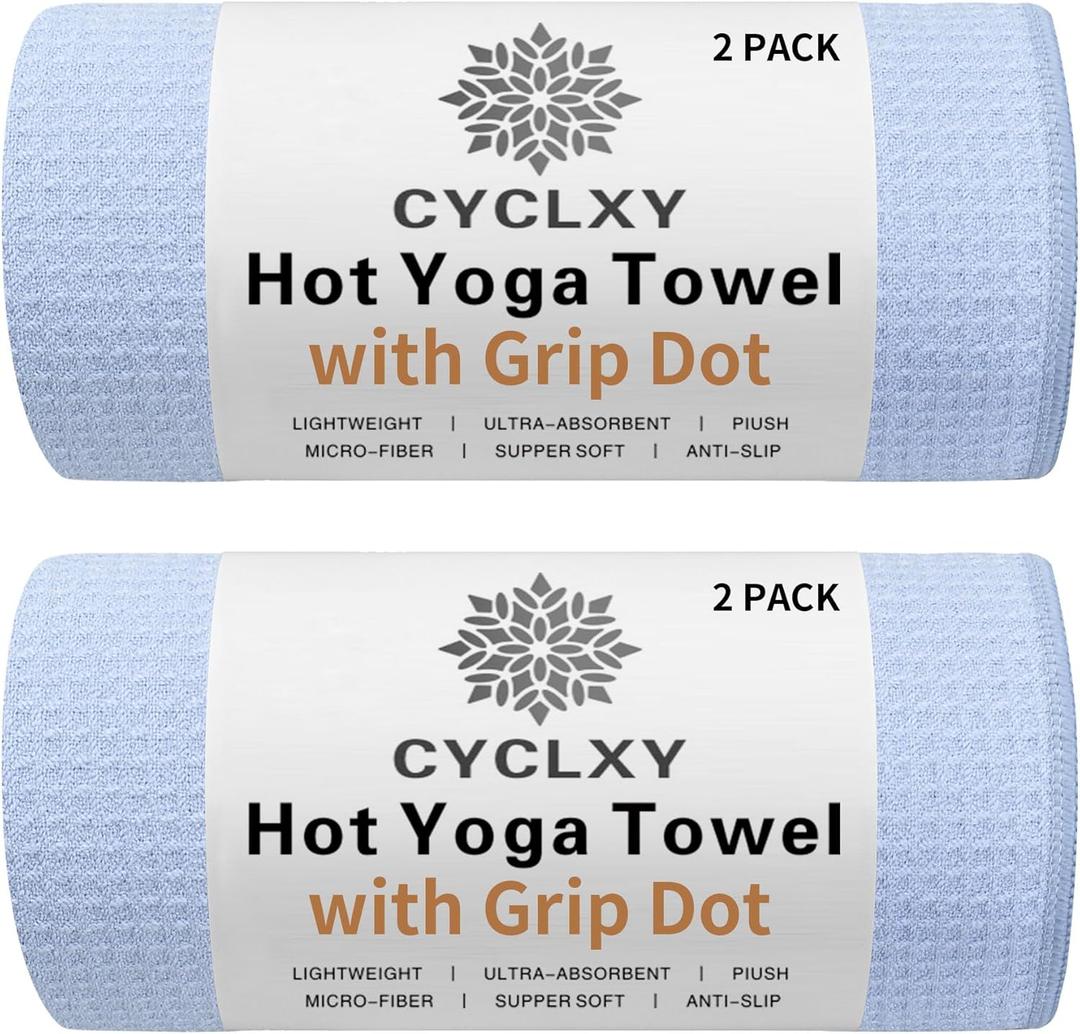 2 Pack Hot Yoga Towel with Grip DotStickyfiber Yoga Mat Towels Non Slip for Hot Yoga,Absorbent Microfiber Sweat Anti-Slip Cover,Bikram,Pilates,Exercise,Fitness (Blue)