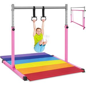 Safly Fun Gymnastics Bar for Kids Ages 3-15 | Sturdy Steel Home Gym, Adjustable Height (3 to 5 ft) with Anti-Slip Base, Easy Assembly (Pink with Mat)