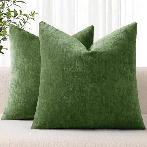 decorUhome Chenille Moss Green Throw Pillow Covers 20x20 Inch Set of 2, Decorative Soft Couch Pillow Covers Solid Dyed Accent Farmhouse Neutral Square Pillow Cases for Sofa