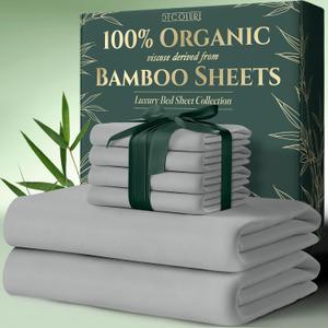 DECOLURE 100% Organic Viscose Derived from Bamboo Sheets King Size 6pcs - Ultra Soft & Luxuriously Cooling, 17" Deep Pocket, Double Stitching, Perfect for Hot Sleepers - King Bed Sheets (Light Grey)