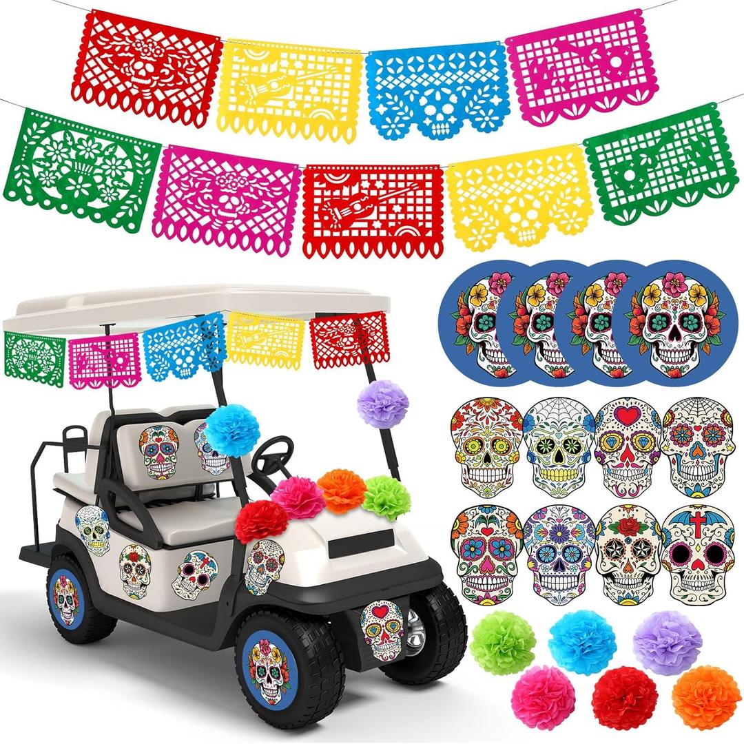 Faccito 19 Pcs Day of The Dead Golf Cart Decorations Dia De Los Muertos Car Decoration Picado Fiesta Banner Pom Poms Sugar Skull Stickers for Halloween Golf Cart Party Decor