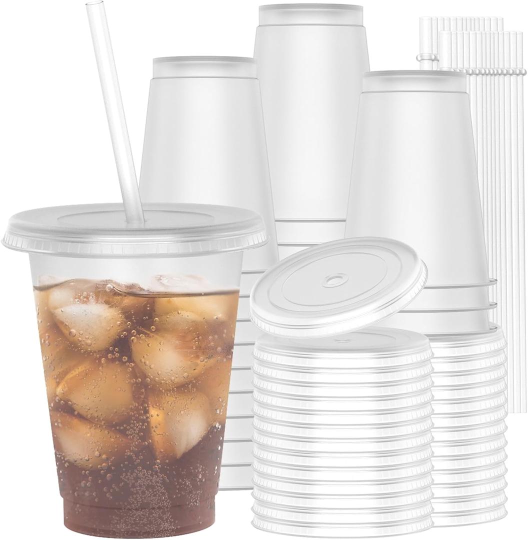16 oz Plastic Cups With Lids and Straws, Sturdy & Food-Safe Iced Coffee Cups With Lid, Plastic Tumbler Reusable, Drinking Cups for Cold Drinks, Milkshakes, Smoothies - Clear(30 Sets)
