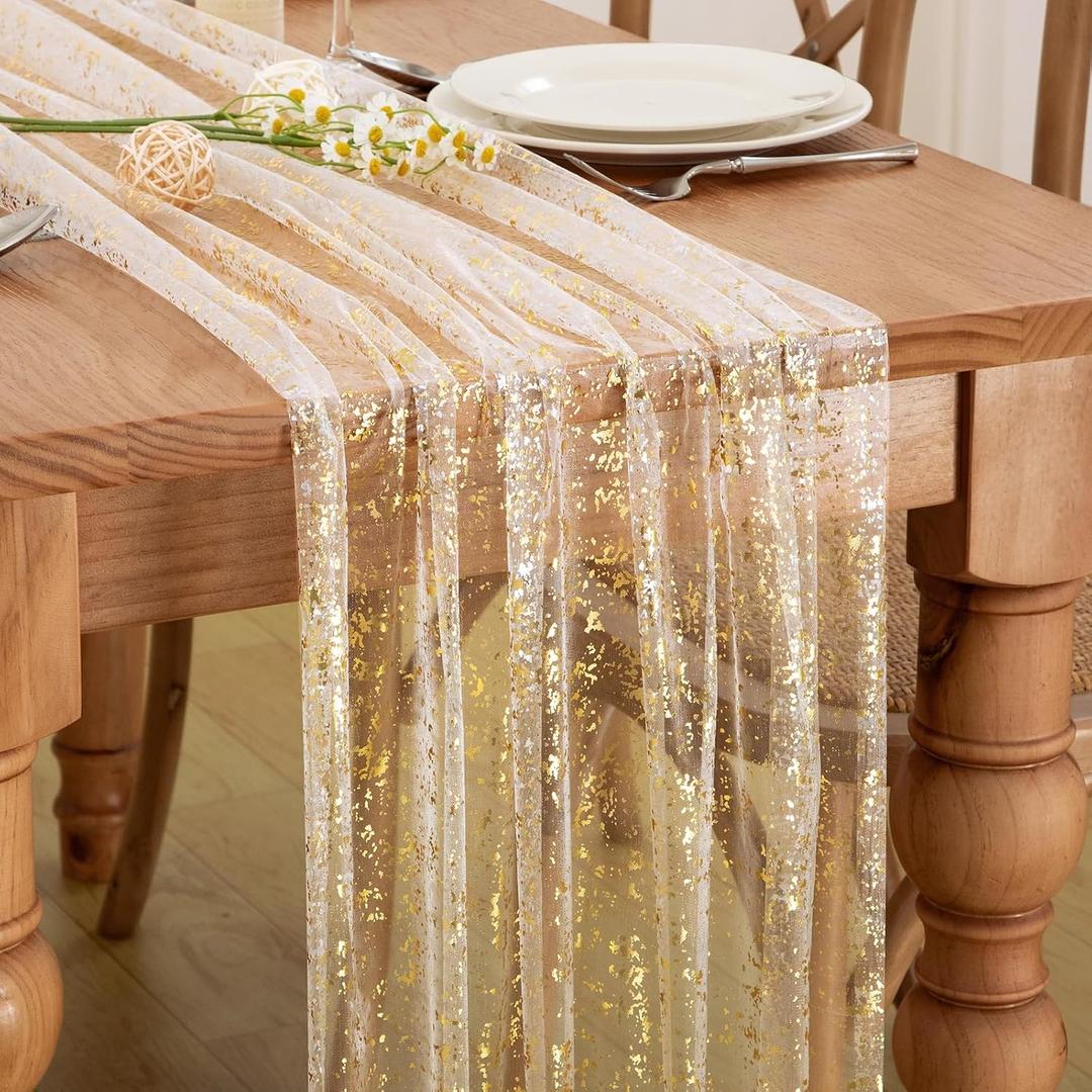P Pothuiny 6 Pcs Beige Gold Table Runner 28 x 120 Inch, Glitter Metallic Foil Tulle Table Runner Party Golden Sheer Gauze Table Decor for Wedding Birthday Christmas Anniversary