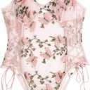 Lilosy Women Sexy Lace Up Floral Embroidered Teddy Lingerie Bodysuit Top Mesh Sheer One Piece (Medium, Butterfly Pink)