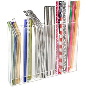 9.6” Large Acrylic Straw Holder for Cabinet Door - 6 compartments, easy to clean, Reusable Tumbler Straw Organizer Storage, Small Kitchen Accessories Container, Ultra Sticky Cupboard Door Mounted