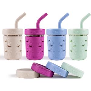 Pandaloo Mason Jar Toddler Cup | 8 oz Glass Cups with Silicone Sleeve & Lids | Spill-Resistant Smoothie & Snack Cups for Kids | BPA-Free | Stainless Steel Inner Straw