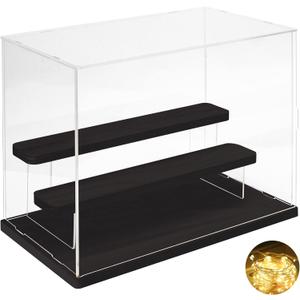 3-Tier Acrylic Display Case for Collectibles Clear Funko POP Figure Display Case with Door, Countertop Minifigure Display Case, Dustproof Small Acrylic Storage Organizer Box with Wooden Base (3-level(12.5x7x10 inch), Black)